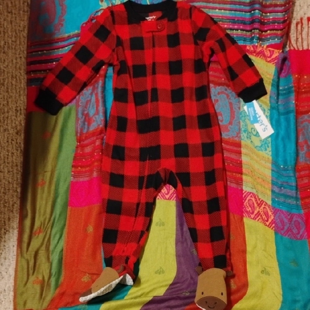 Carter's Plaid Red Kids Fleece Onesie With Adorable Reindeer Feet